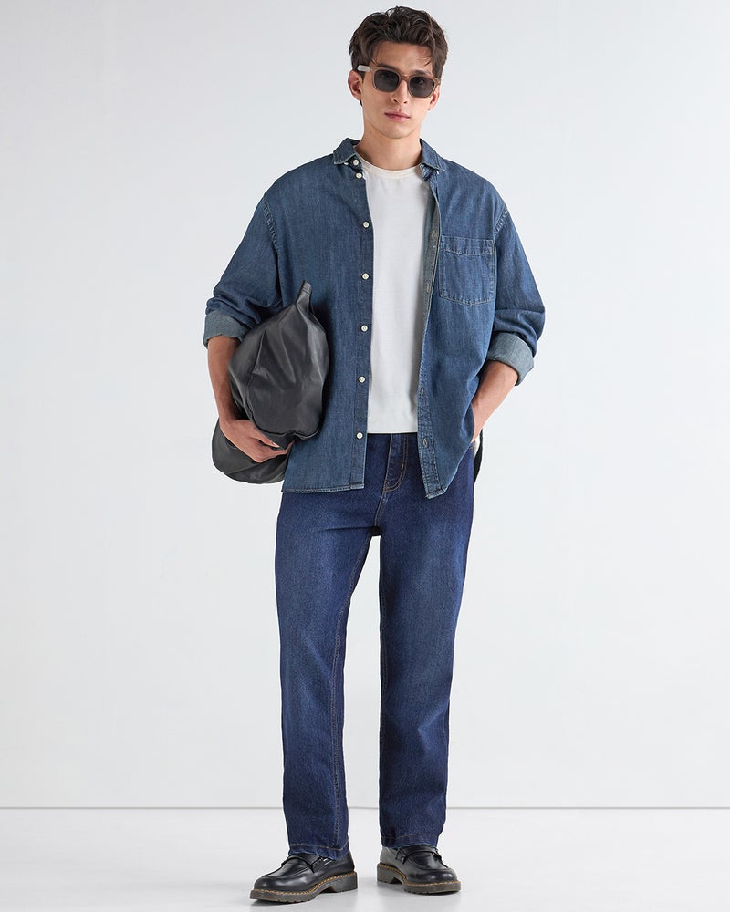bewakoof Men's Blue Washed Slim Straight Fit Stretchable Mid-Rise Jeans - Image 4